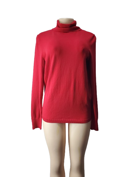 Red turtleneck sweater on a mannequin against a white background