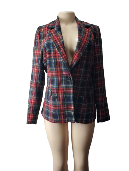 Plaid blazer on a mannequin against a white background