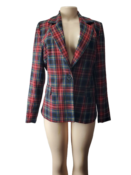 Plaid blazer on a mannequin against a white background