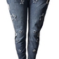 Blue jeans with star patterns on a white background