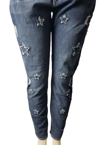 Blue jeans with star patterns on a white background