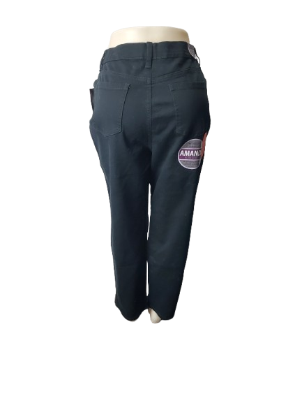 black pants on a mannequin with 'AMANDA' branding on a white background