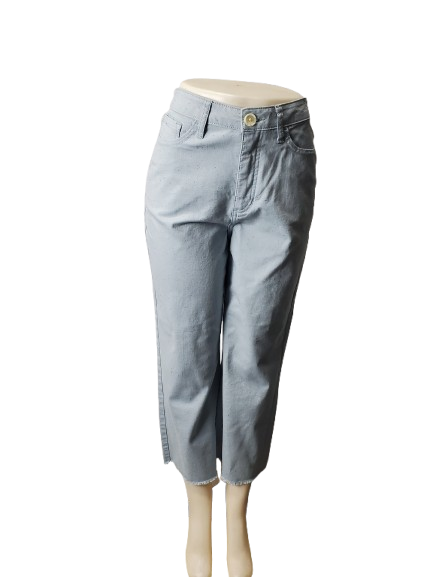 Light blue denim capri pants on a mannequin against a white background