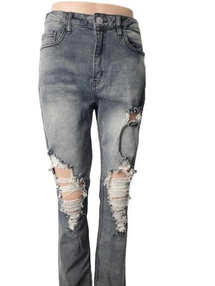 Ripped gray jeans on a white background