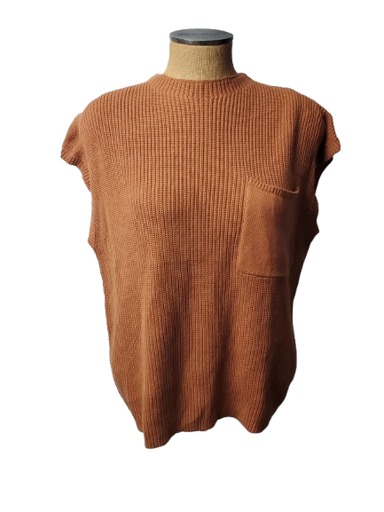 Brown sleeveless knitted vest on a mannequin against a white background