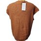 Brown knitted vest on a mannequin with a tag against a white background
