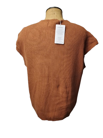 Brown knitted vest on a mannequin with a tag against a white background