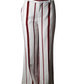 Striped pants with red and white stripes on a white background