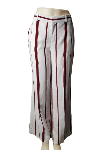 Striped pants with red and white stripes on a white background