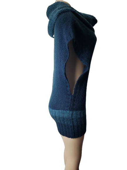 Blue knitted dress with a hood on a white background