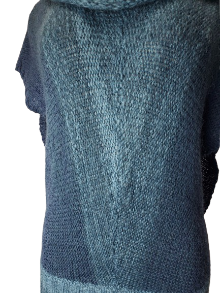 Close-up of a textured blue sweater on a white background