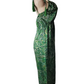 Green patterned dress on a mannequin against a white background