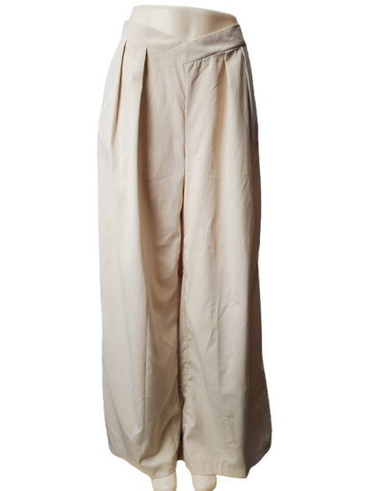 Beige wide-leg pants with a belt on a white background