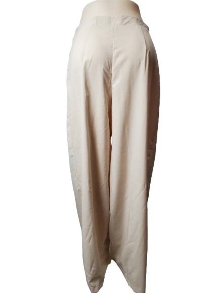 Beige wide-leg pants on a mannequin against a white background