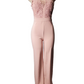 Pink jumpsuit with lace top on a mannequin against a white background