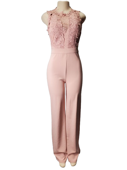 Pink jumpsuit with lace top on a mannequin against a white background