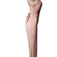 Pink evening gown with lace detailing on a white background