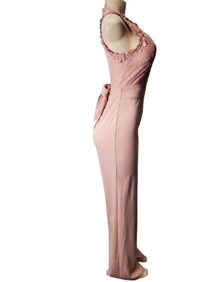 Pink evening gown with lace detailing on a white background