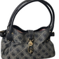 Gray handbag with black quilted pattern and gold accents on a white background