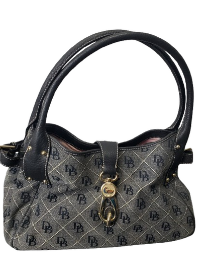 Gray handbag with black quilted pattern and gold accents on a white background