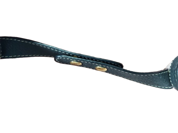 Close-up of a blue leather dog muzzle on a white background