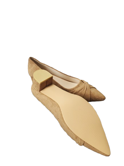 tan pointed-toe flat shoe on a white background