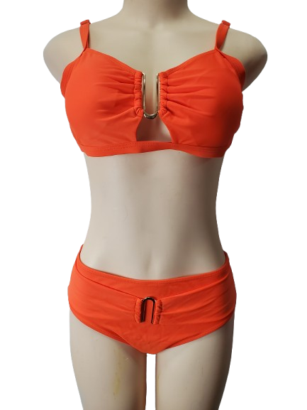 Orange bikini set on a mannequin against a white background