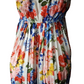 Colorful floral dress on a mannequin against a white background