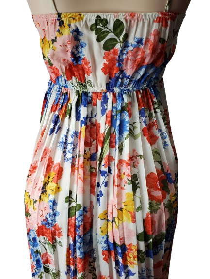 Colorful floral dress on a mannequin against a white background