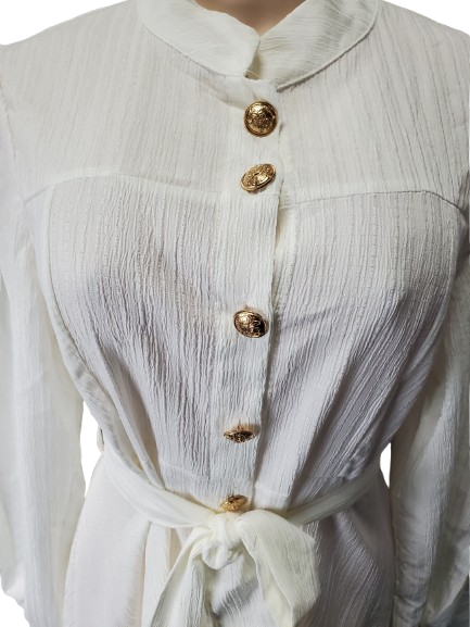 cream dress with gold buttons