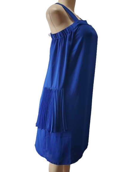 Blue dress with fringe details on a mannequin against a white background