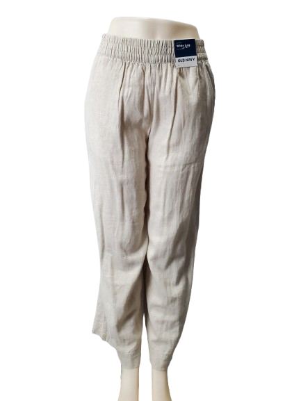 Beige pants on a mannequin with Old Navy label against a white background