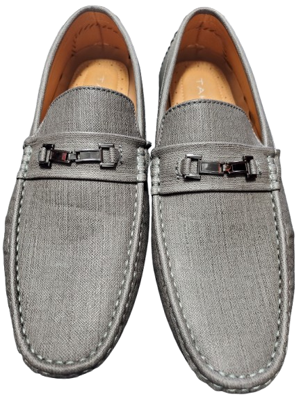 Pair of gray loafers with a buckle on a white background