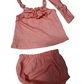 Pink striped baby outfit with top, bloomers, and headband on a white background
