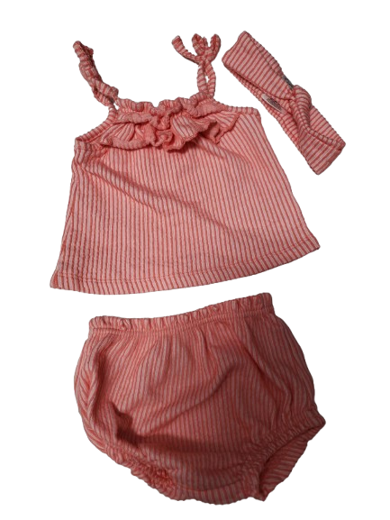 Pink striped baby outfit with top, bloomers, and headband on a white background