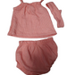 salmon and white striped baby outfit with top, bloomers, and headband on a white background