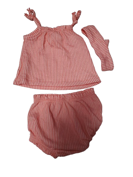 salmon and white striped baby outfit with top, bloomers, and headband on a white background