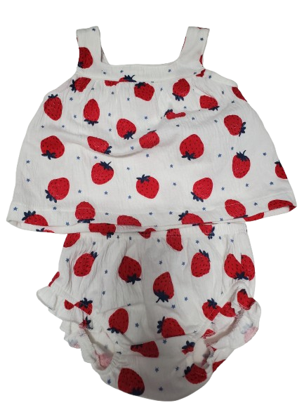 Baby romper with strawberry pattern on a white background