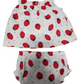 Baby dress and bloomers set with strawberry pattern on a white background