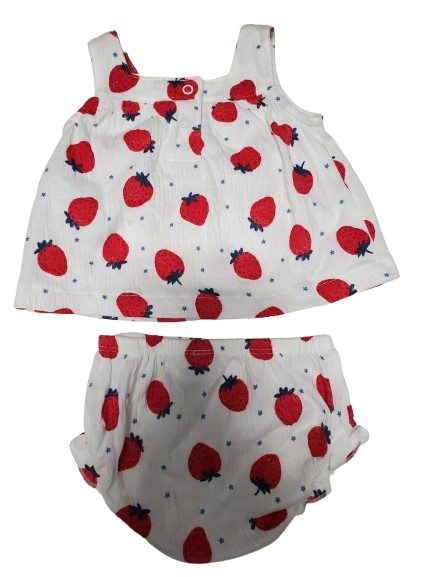 Baby dress and bloomers set with strawberry pattern on a white background