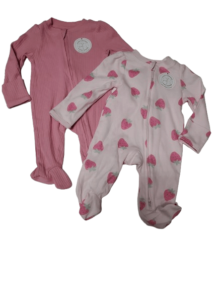 Pink baby footed pajama with strawberry pattern on a white background