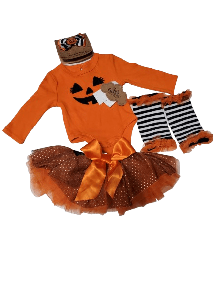 Halloween-themed baby outfit with orange dress, black and white striped leggings, and matching hat on a white background.