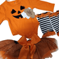 Halloween-themed baby outfit with orange long-sleeve shirt, tutu, and striped socks on a white background.