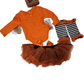 Collection of orange and brown children's clothing items on a white background