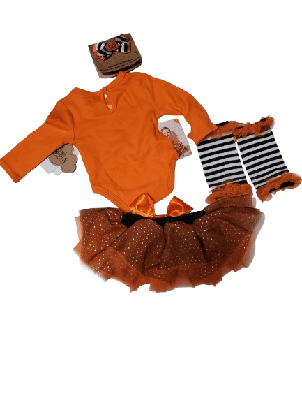 Collection of orange and brown children's clothing items on a white background