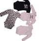 Four baby onesies with different designs and text on a white background