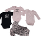 Collection of baby onesies with text and patterns on a white background