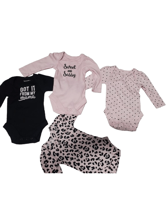 Collection of baby onesies with text and patterns on a white background