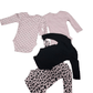 Set of baby clothes including a pink long-sleeve shirt, black pants, and leopard print leggings on a white background.