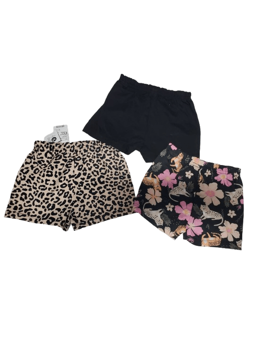 Two pairs of shorts with leopard print and floral design on a white background